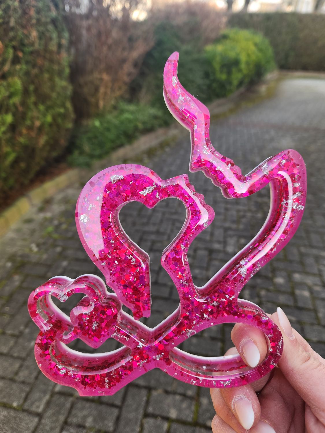 Infini couple rose pailleté feuilles d'argent