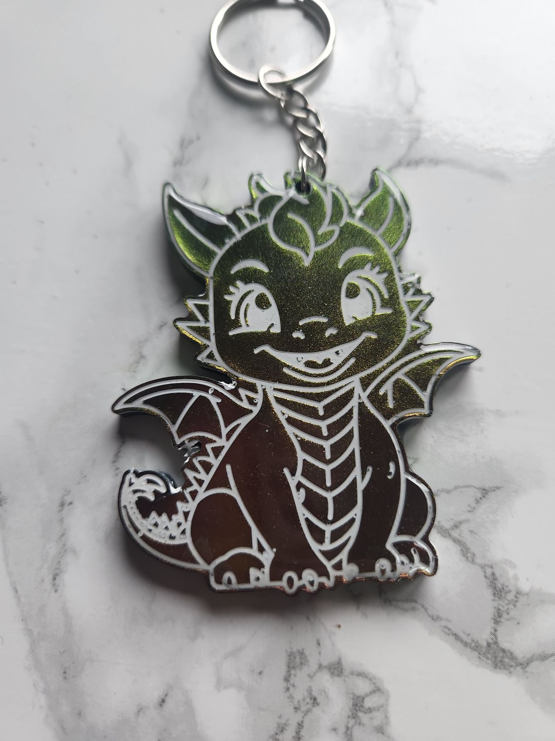 Porte clé dragon caméléon vert doré