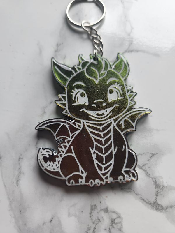 Porte clé dragon caméléon vert doré
