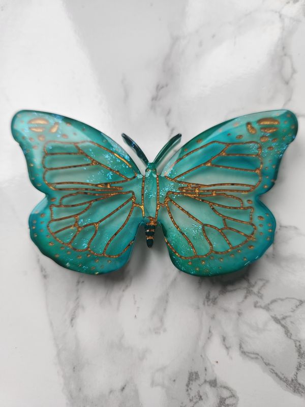 Magnet papillon vert jade , blanc et or