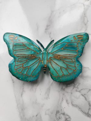 Magnet papillon vert jade , blanc et or