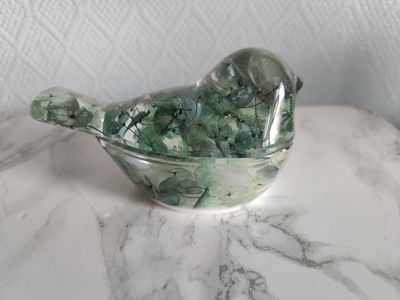 Boite oiseau fleurs séchées vert pâle