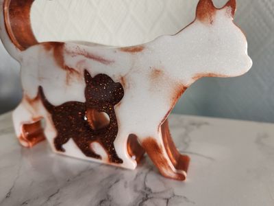 Chat maman marbré cuivre et bébé bronze pailleté