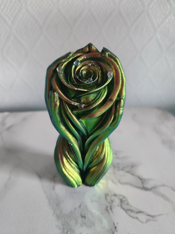 Silhouette rose et mains caméléon vert cuivré