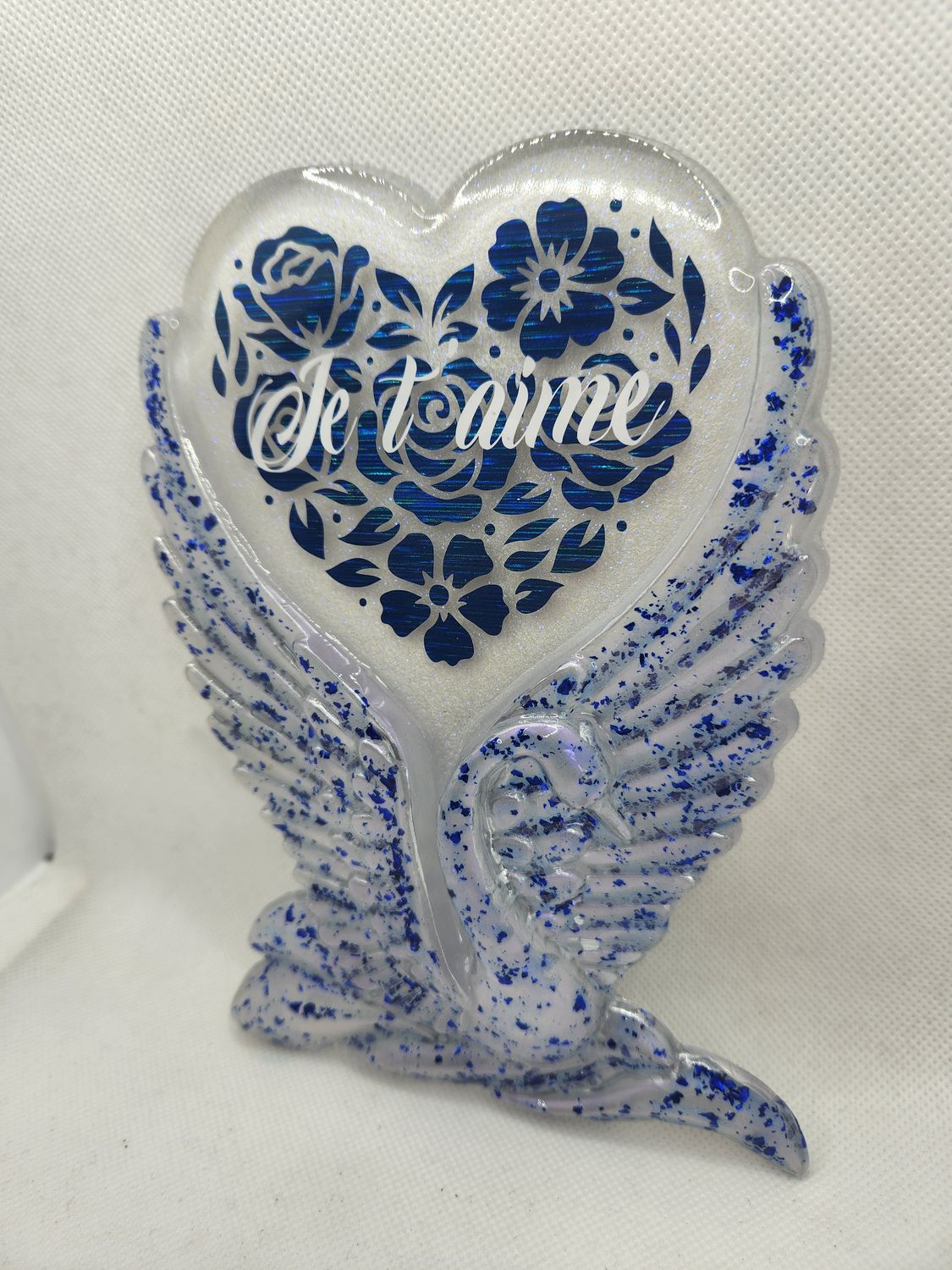 Cadre cygne bleu feuilles métalisées Je t'aime