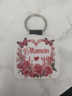 Porte clé carré simili cuir double face Maman I love you