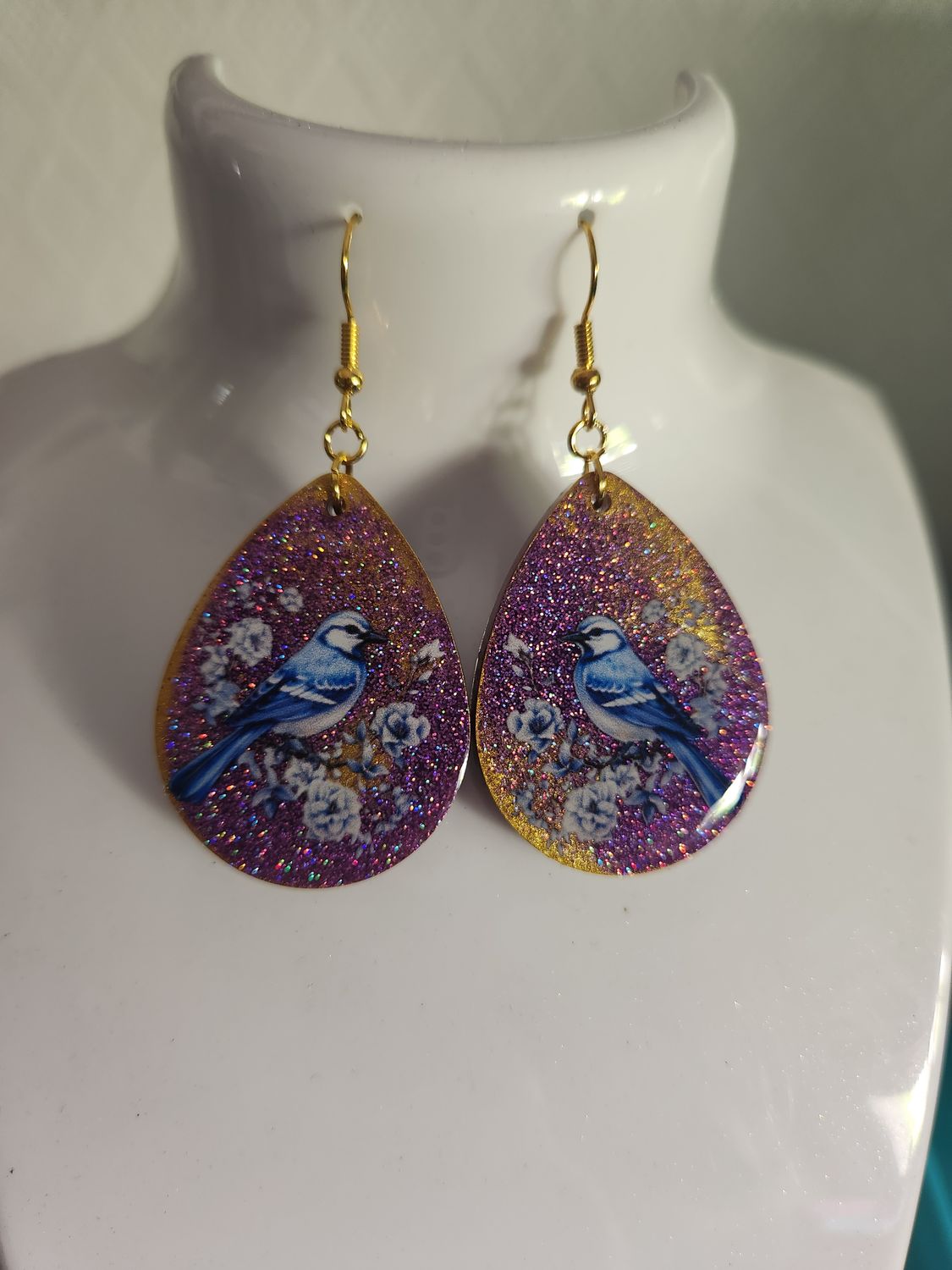 Boucles d'oreilles gouttes oiseaux bleu