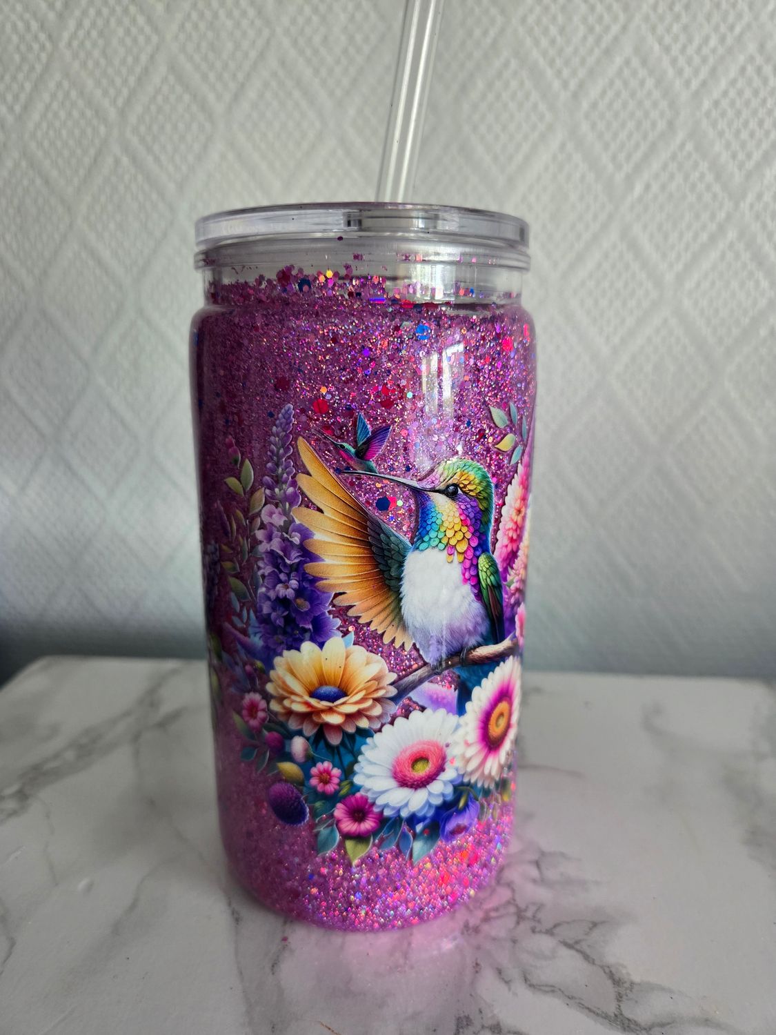 Gobelet colibris paillettes rose violet holographique