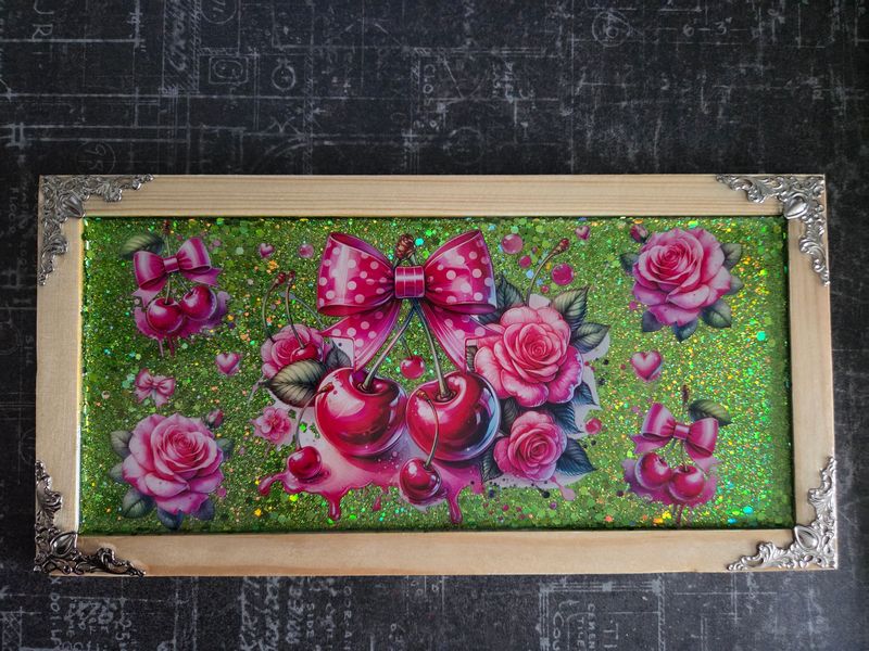 Cadre en bois Cerises et roses