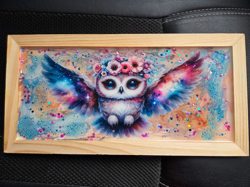 Cadre en bois hibou floral