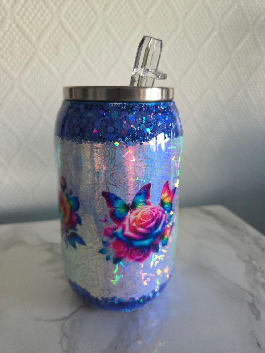 Canette format  250ml roses holographique et paillettes