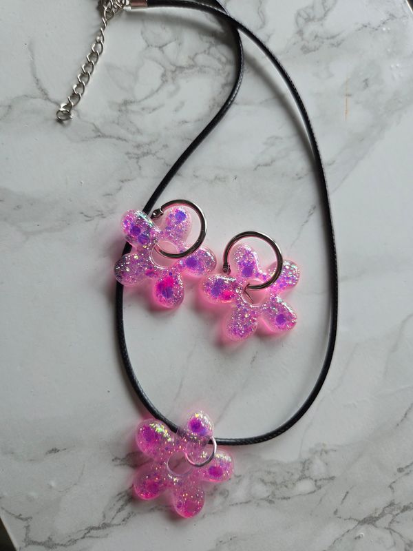 Parure pampilles avec petites créoles rose pailleté caméléon