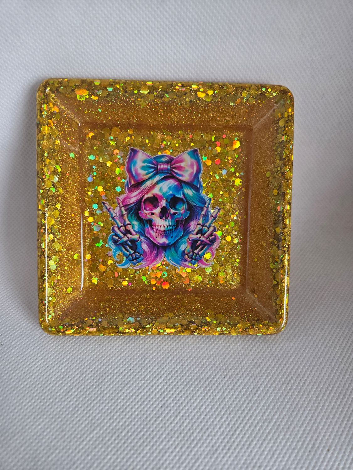 Coupelle carré doré pailleté Skull holo