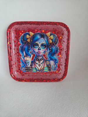 Coupelle carré arrondi rouge pailleté Santa muerte