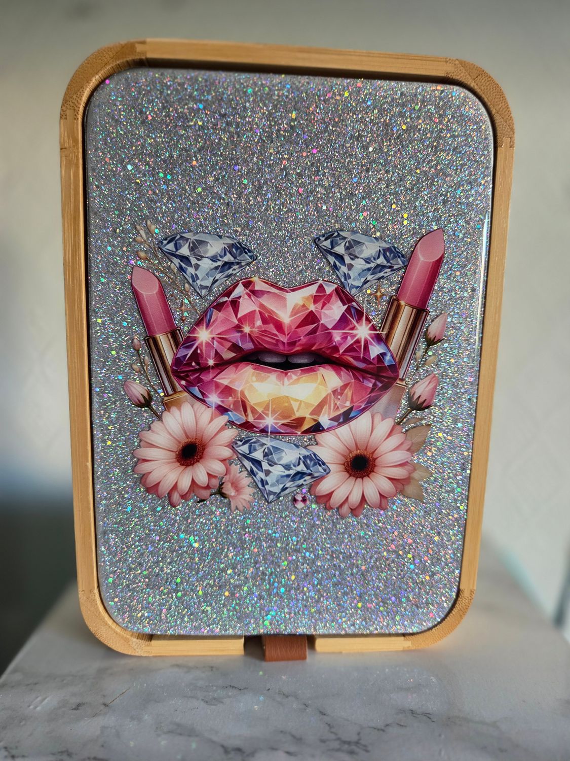 Boite miroir Glamour et diamants argent pailleté