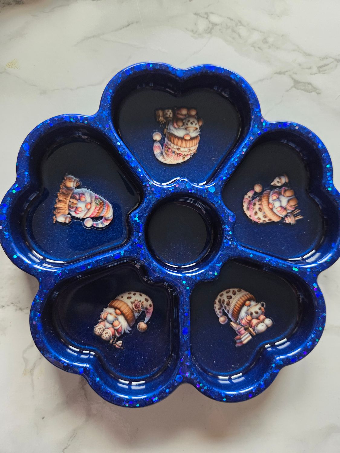 Vide poche fleur bleu pailleté gnomes