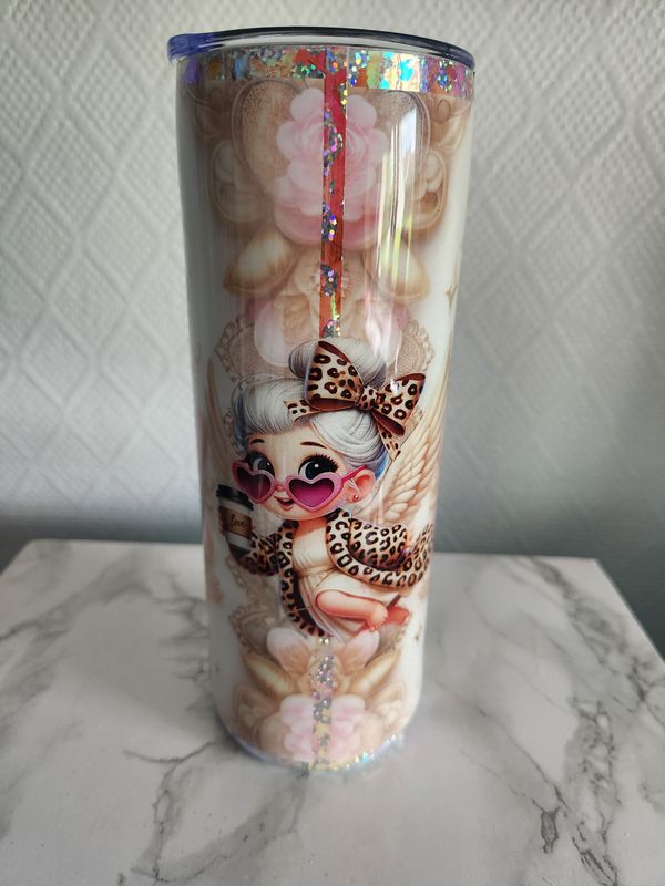 Tumbler / gobelet isotherme love ange motif léopard, coeurs et holographique