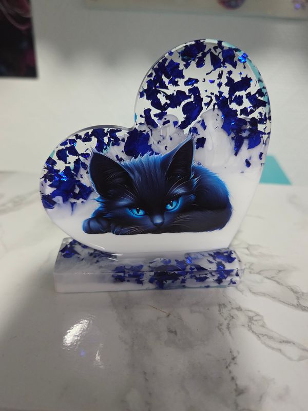 Déco coeur chat noir blanc et feuilles bleu