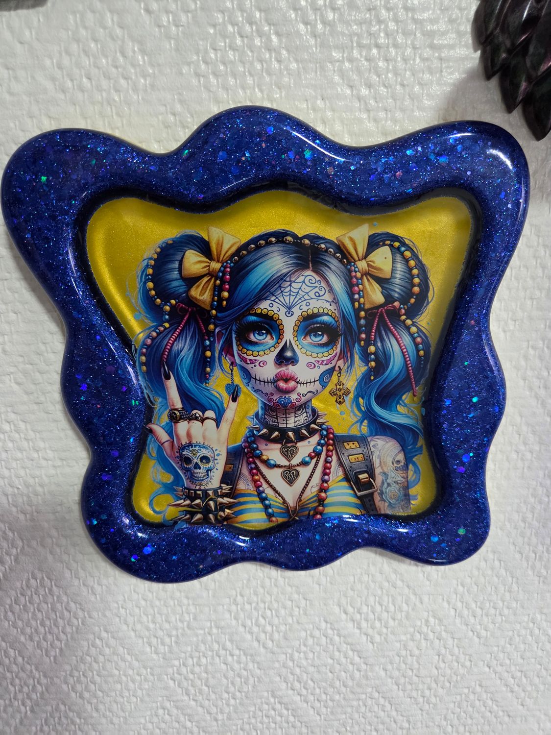 Cadre Santa muerte moderne bleu pailleté