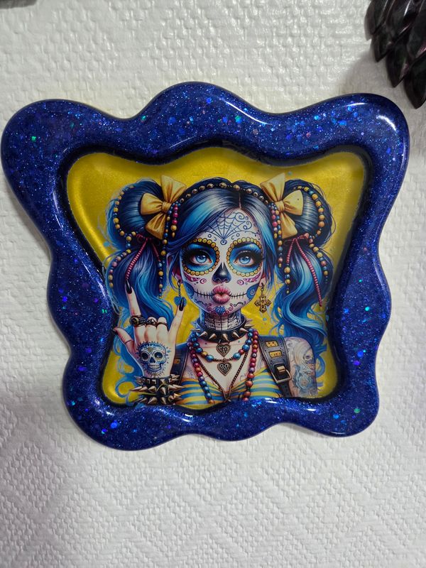 Cadre Santa muerte moderne bleu pailleté