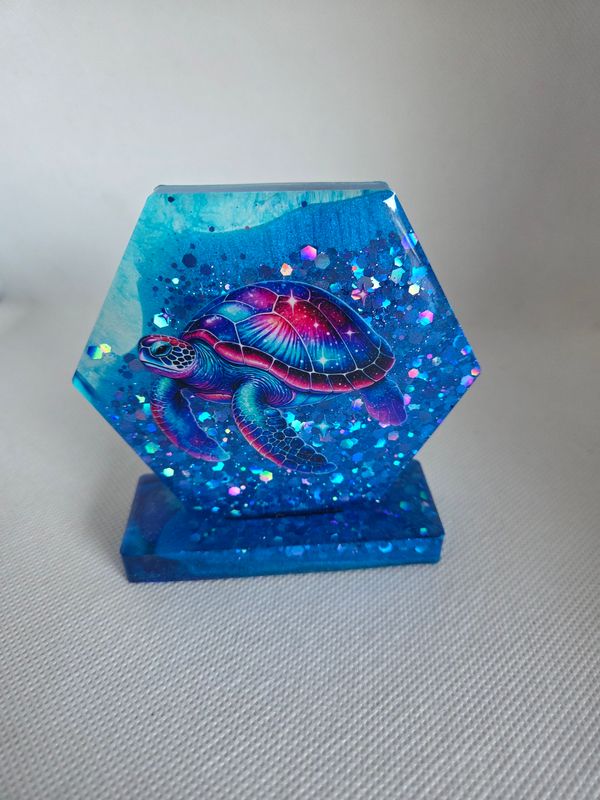 Déco hexagonale tortue bleu paillettes holo