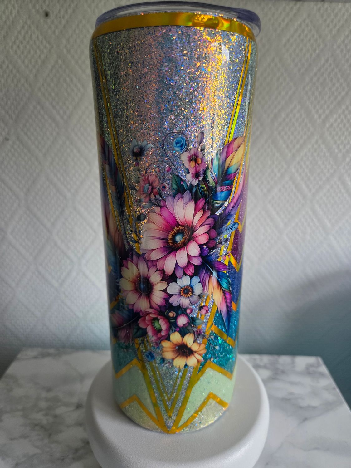 Tumbler 20oz Chevron pailleté multicolore floral