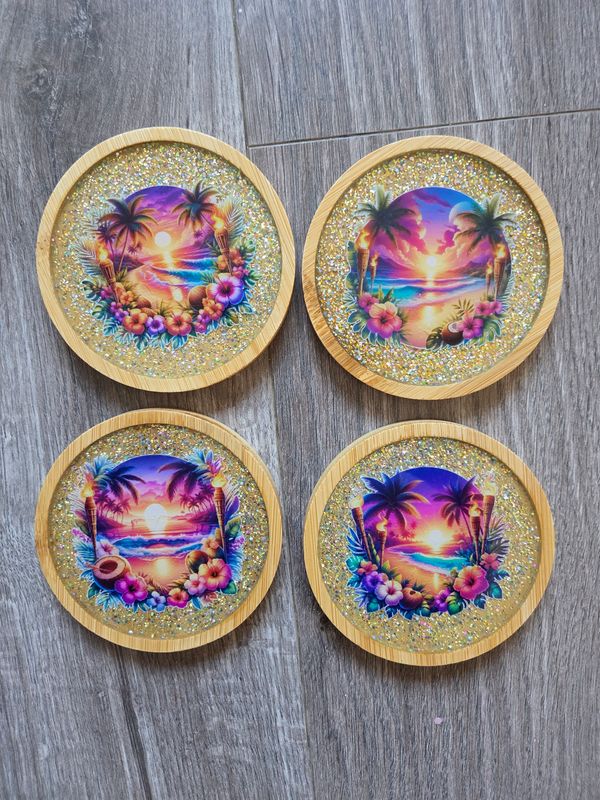 Lot  de 4  dessous de verre pailleté plages tropicales