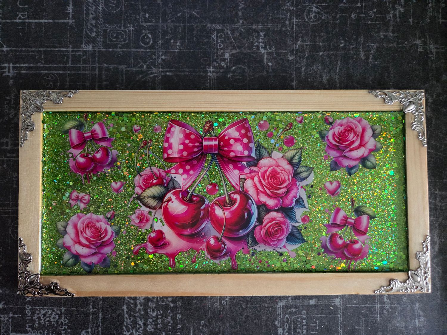 Plateau / Déco murale Cerises et fleurs