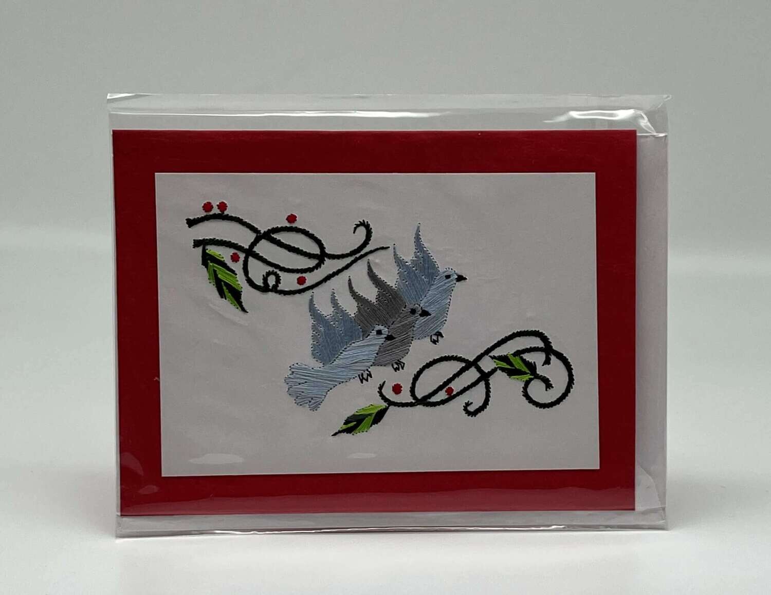 Handgestickte Karte C013 Tauben rot