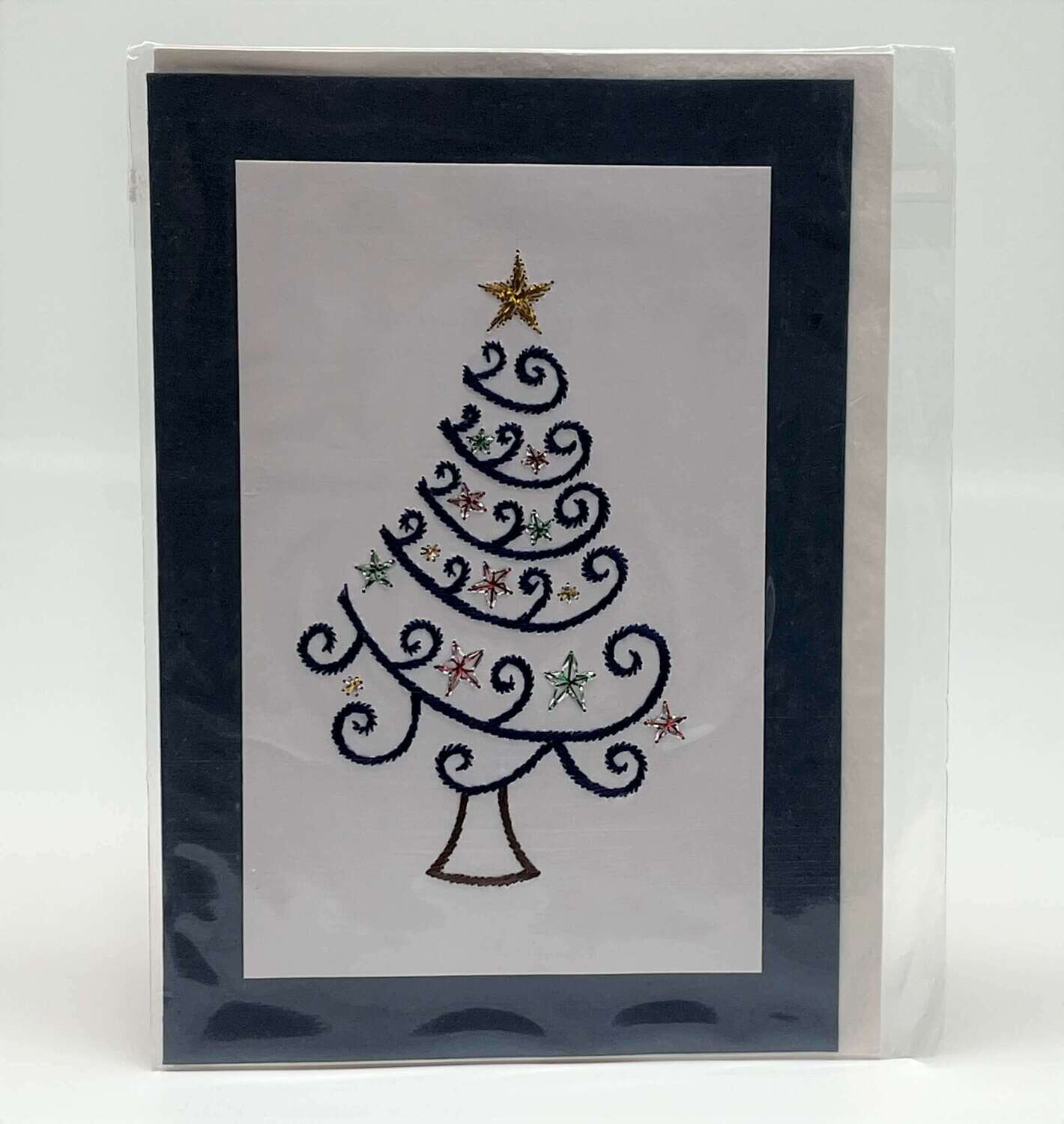 Handgestickte Karte C178 Christbaum dunkelblau