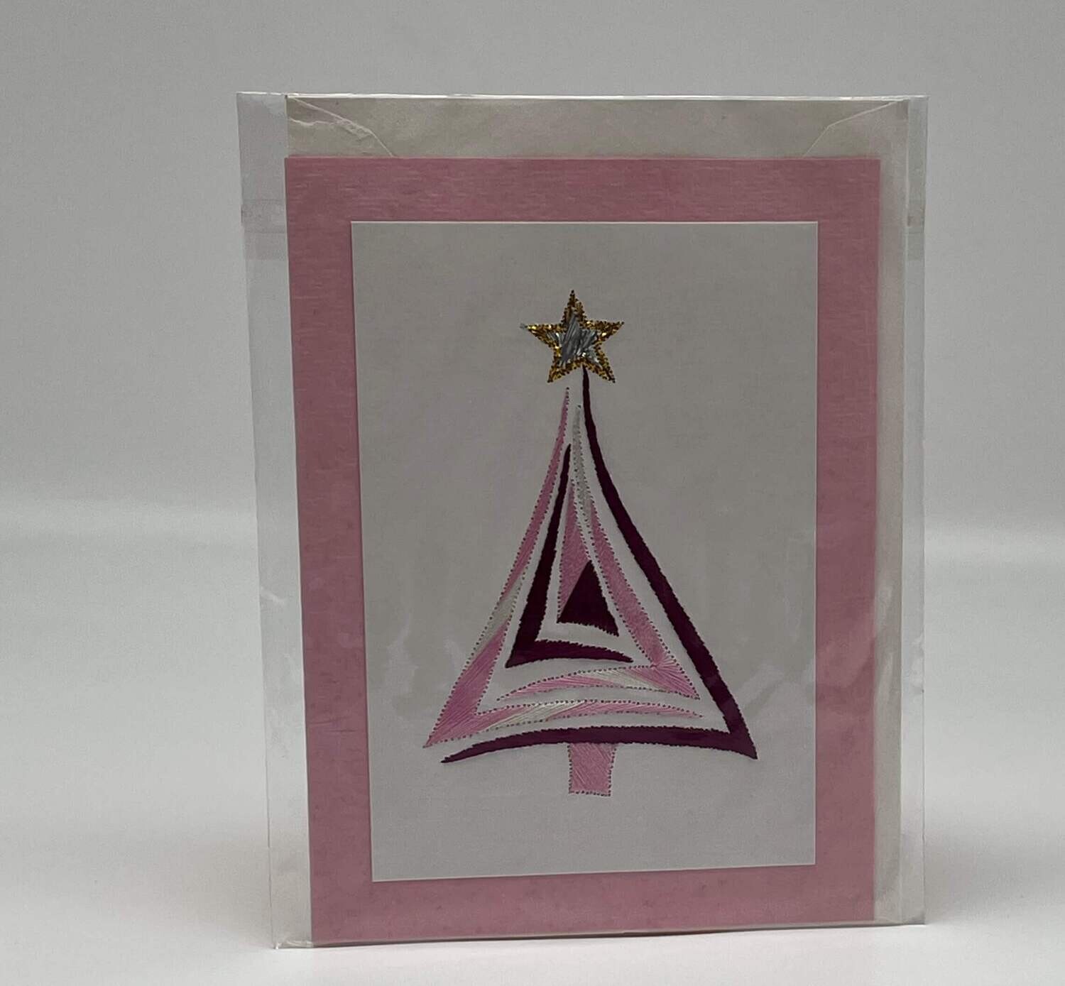 Handgestickte Karte C150 Christbaum rosa