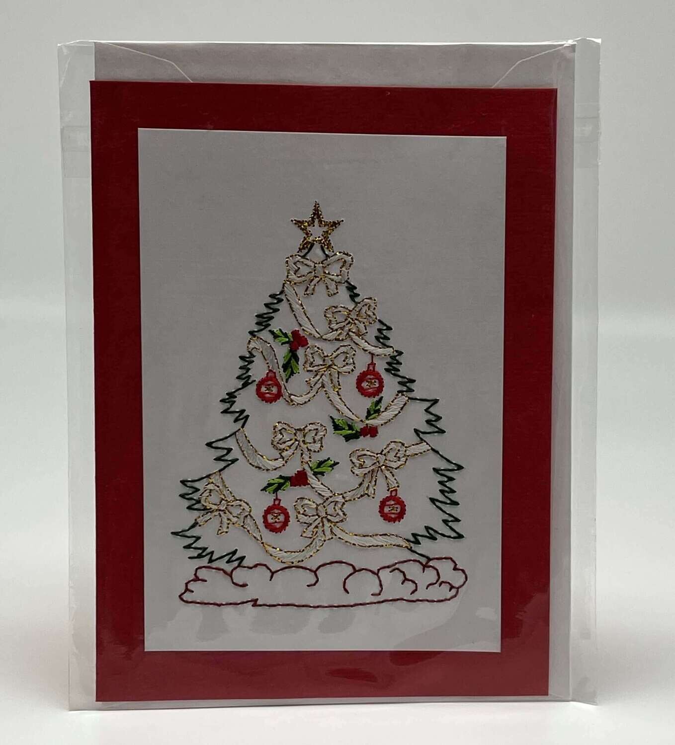 Handgestickte Karte C177 Christbaum rot