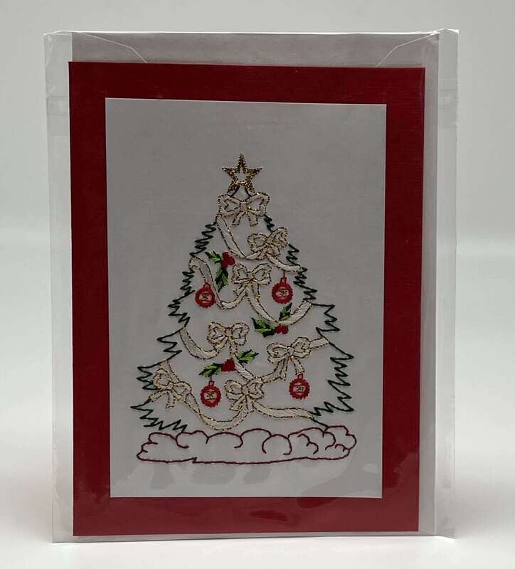 Handgestickte Karte C177 Christbaum rot Handgestickte Karte C177 Christbaum rot