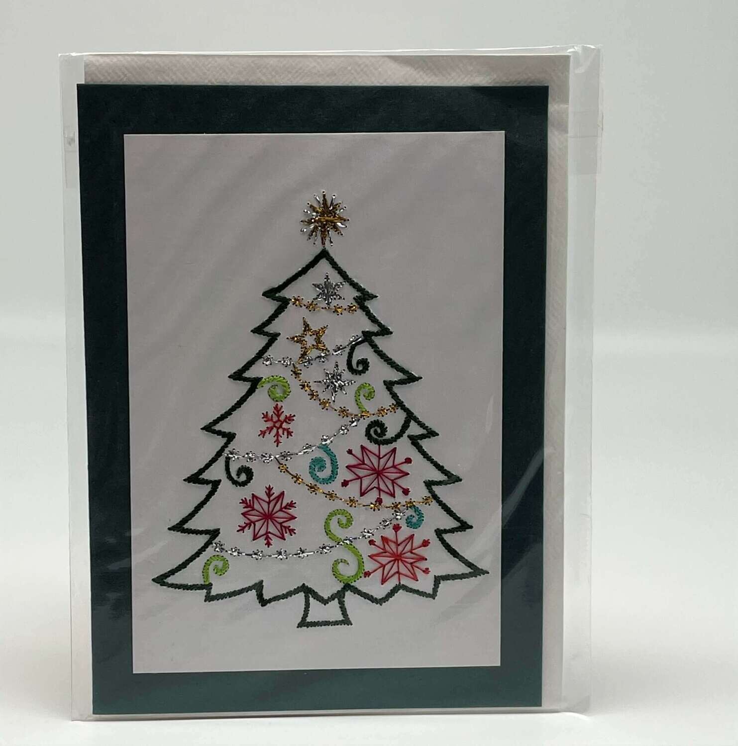 Handgestickte Karte C182 Christbaum grün