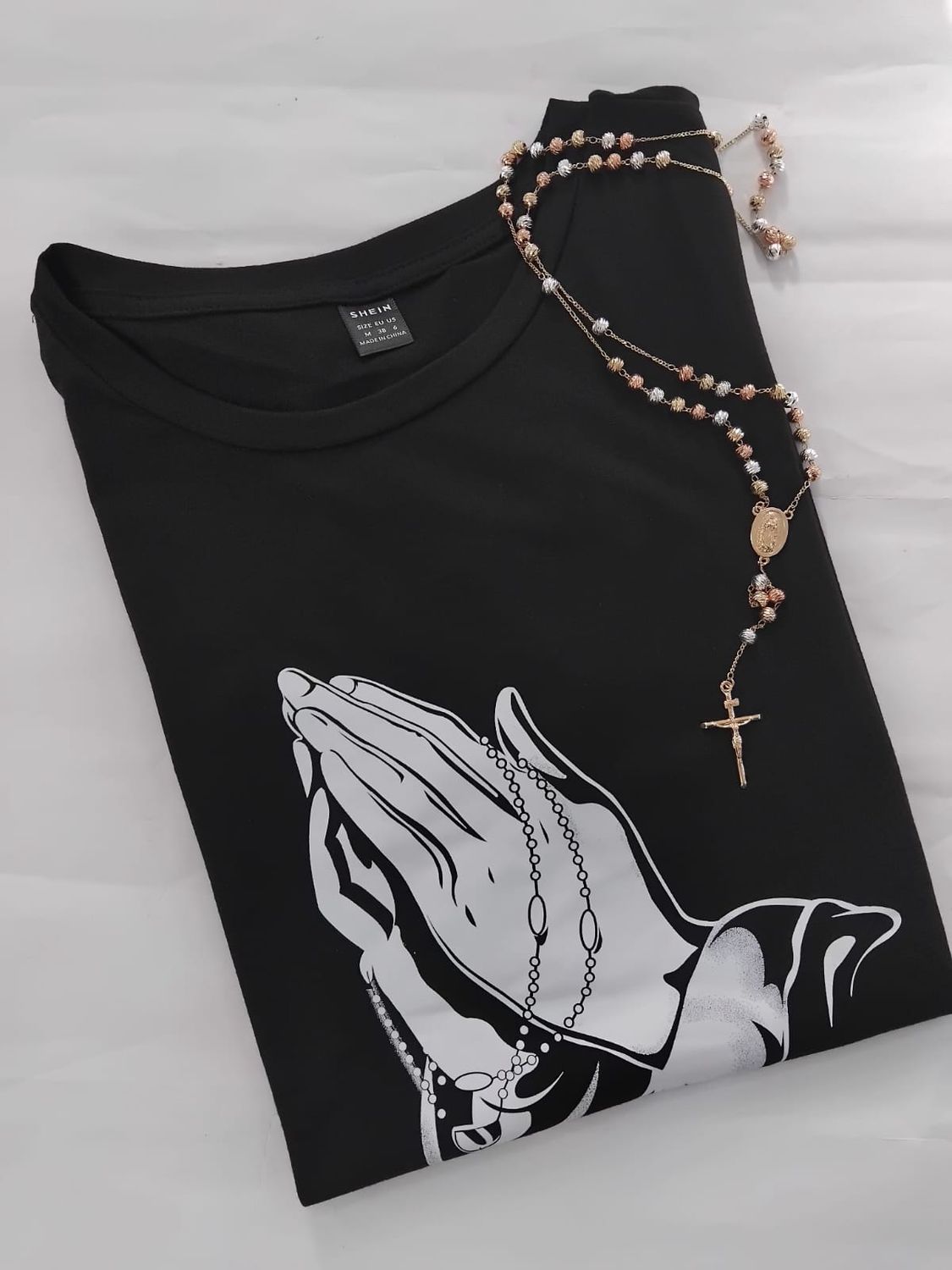 Black T Shirt with Rosary and Praying Hands