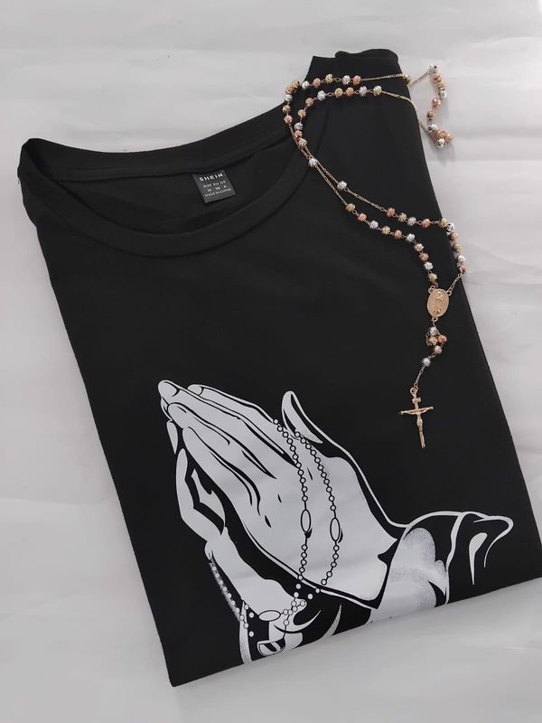 Black T Shirt with Rosary and Praying Hands