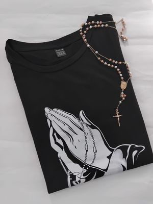 Black T Shirt with Rosary and Praying Hands