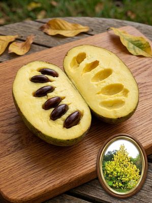 Pawpaw Banana Nordului Allegheny® Peterson Pawpaws® C5 Allegheny® altoit (C5): soi timpuriu și productiv, fructe 200-300g cu coajă subțire și puține semințe. Banana Nordului care i