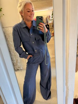 Setje jeans look geklede broek