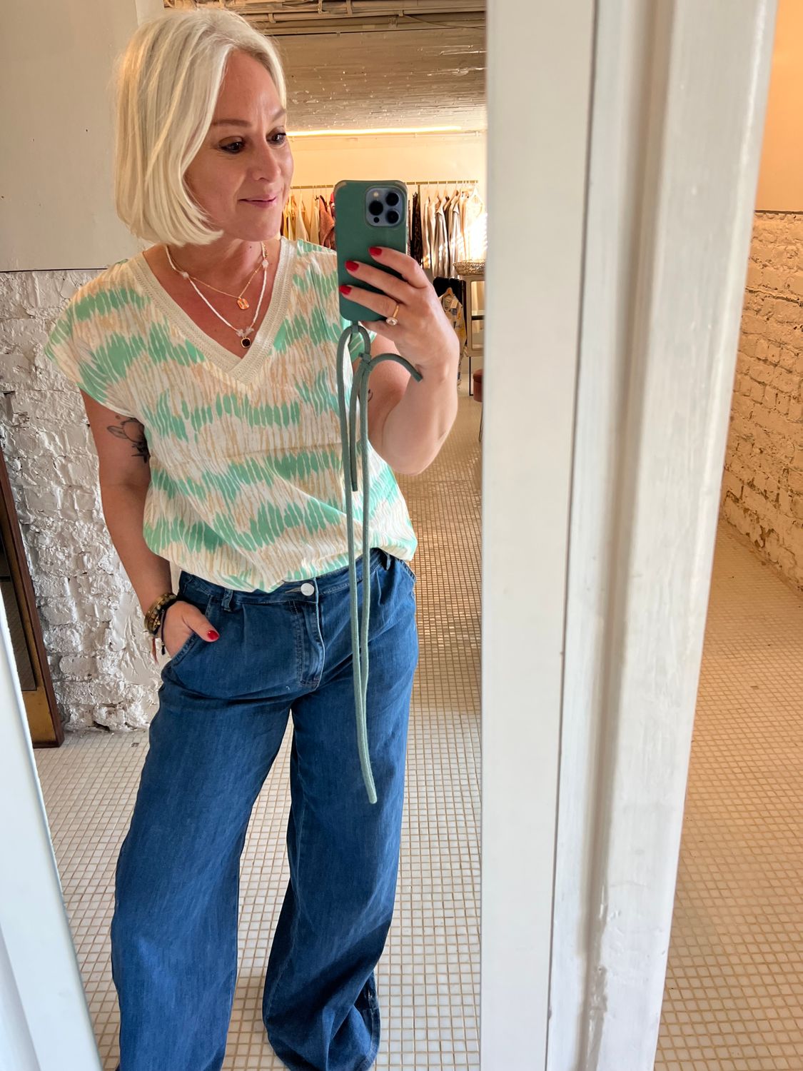 Top korte mouw glitterboordje ☀️ groen/ blauw