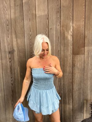 Denim look korte jumpsuit short / rokje 💙🩵 one size