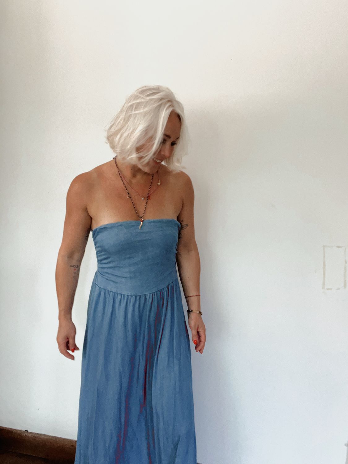 Strapless kleed 🩵 jeans look 💙 one size