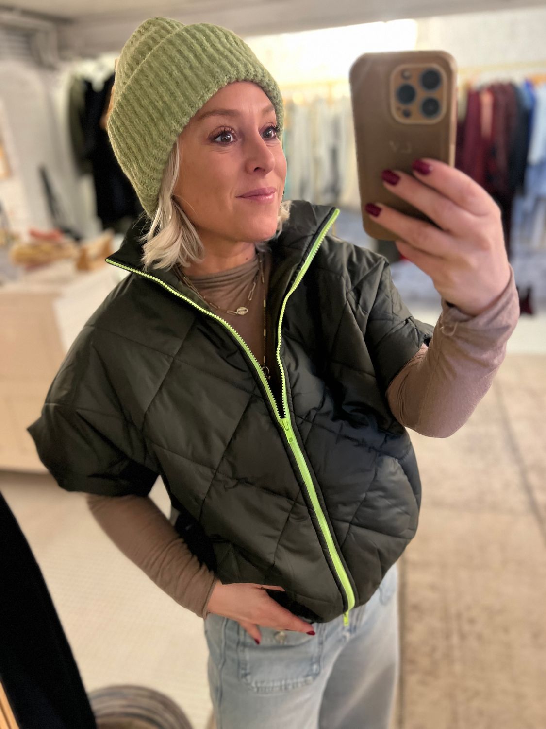 Kaki vest met fluo rits - one size