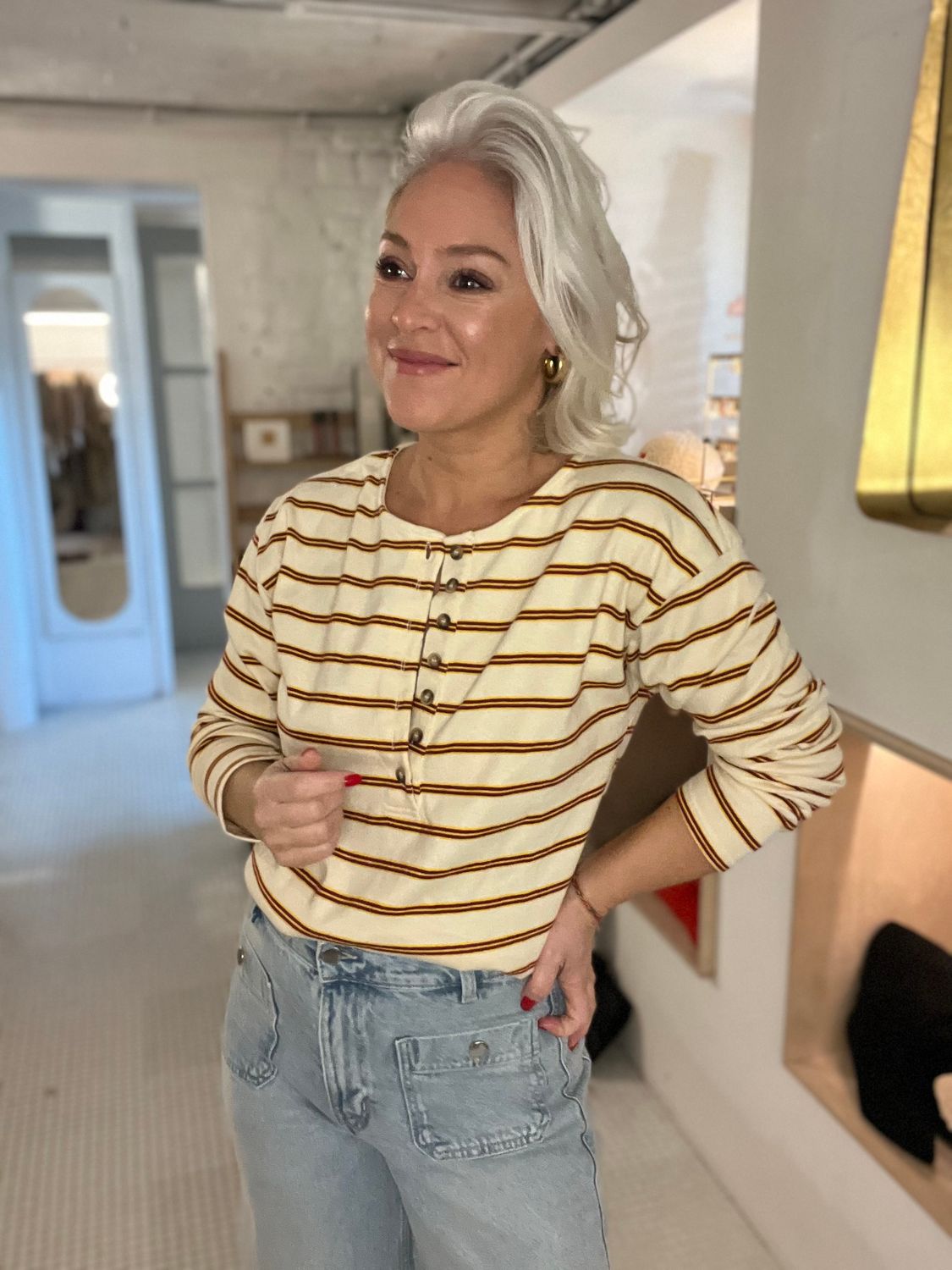 Katoenen tshirt met strepen en knoopjes - SALE