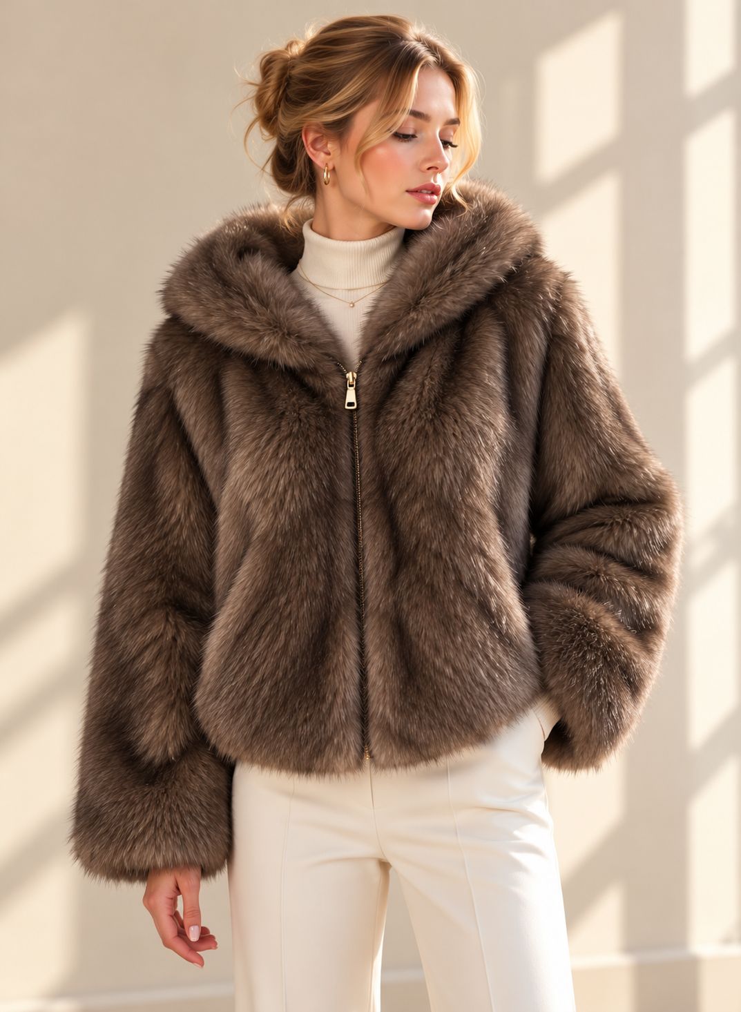 Faux fur jasje met kap en rits