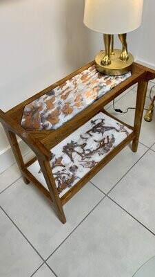 New handcrafted Dark hardwood medium Resined Side table/Drinks table in white bronze & blues