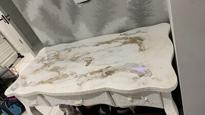 Upcycled Resined Marble large desk/console/dressing table in gold and white marble effect