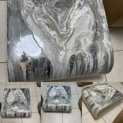 Beautifully upcycled silver and white and metallic grey Resined ex display curved coffee table - Slightly damaged -