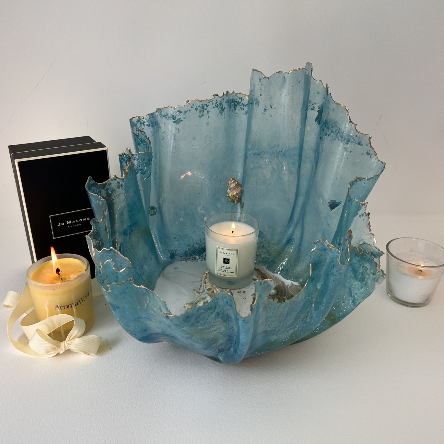 Large stunning sculptured resin handmade transparent blue "fish bowl" with real indian shells and sand with gold floating metallic candle or fruit holder centrepiece