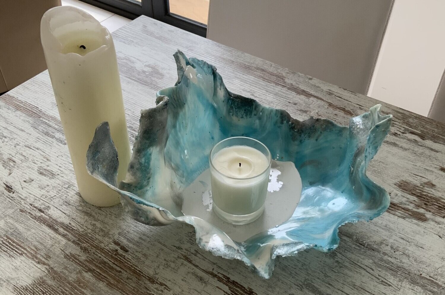 Handmade resin medium sculpture bowl. Light Blue, dark silver and white fruit, candle or trinket shallow bowl edged in blue glass chips
